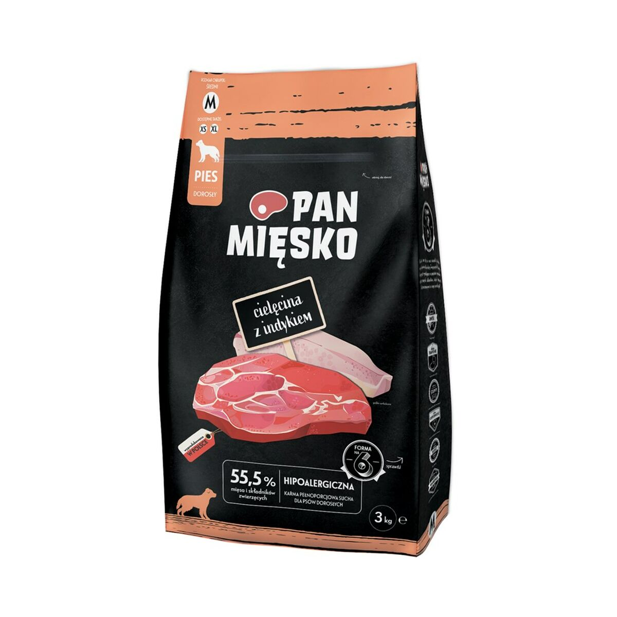 Bolsa negra de comida para perros, talla M, con ternera y pavo, 55,5% carne, 3kg.