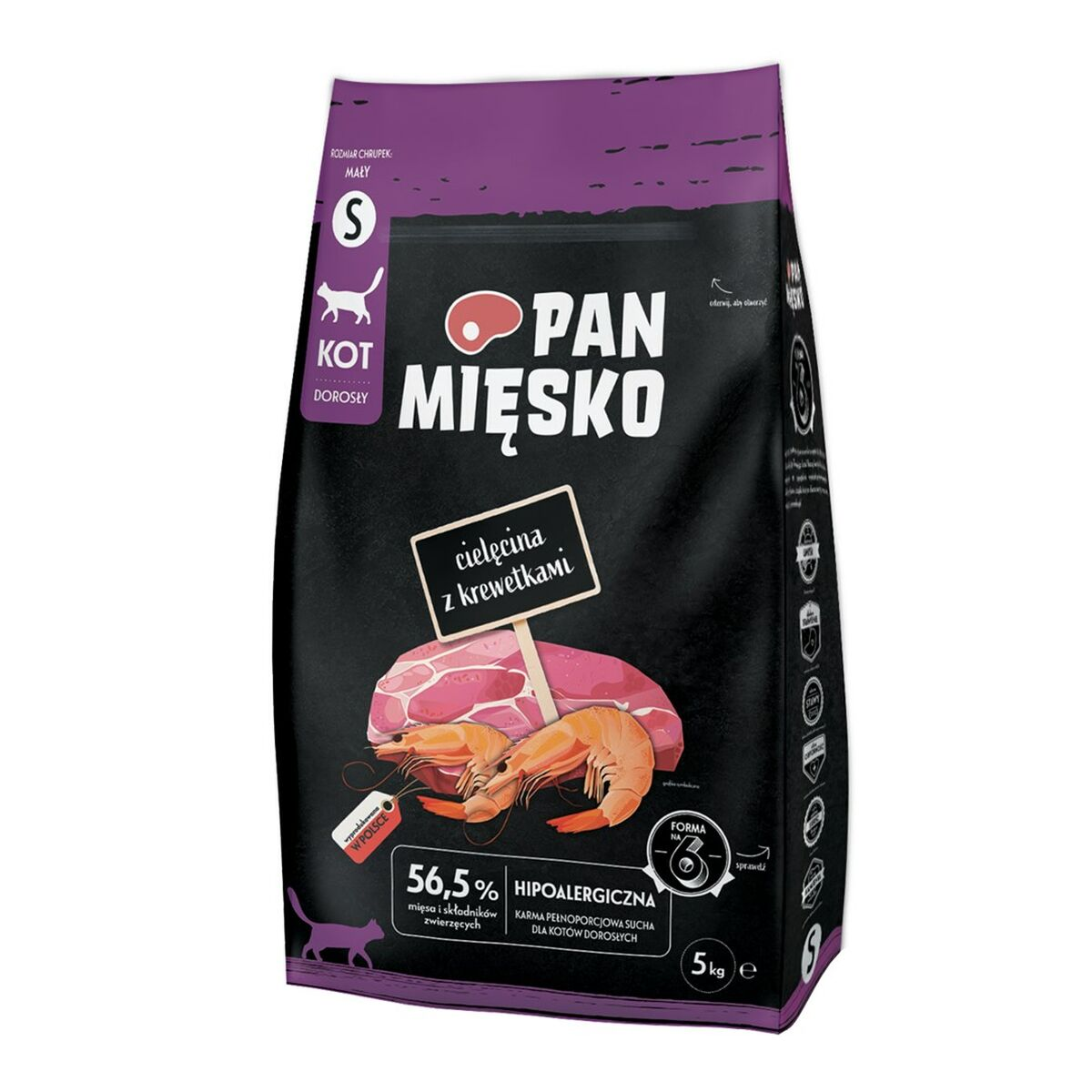 Czarny worek karmy dla kota "Pan Mięsko", cielęcina z krewetkami.