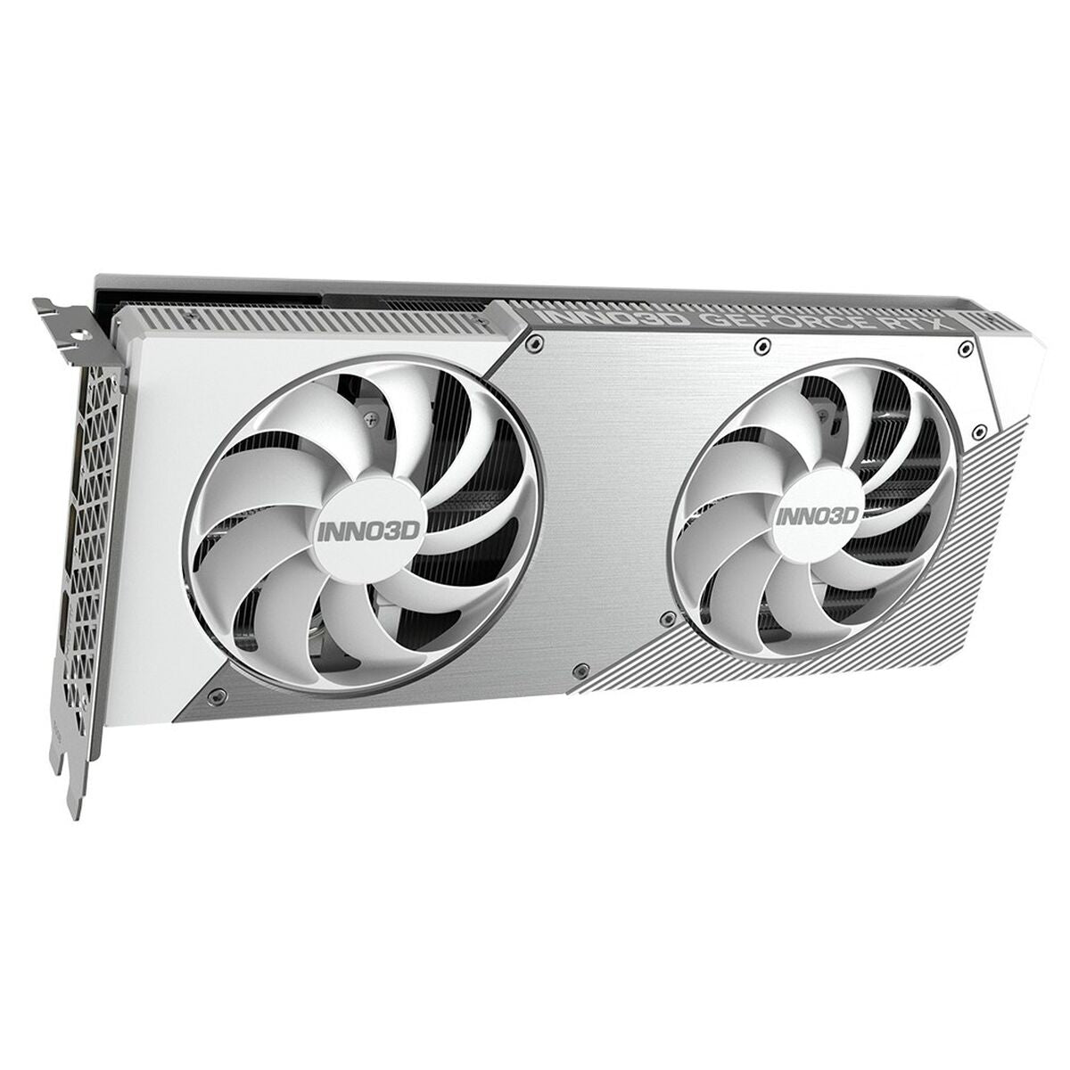 Witte grafische kaart met twee ventilatoren en zilveren accenten.
