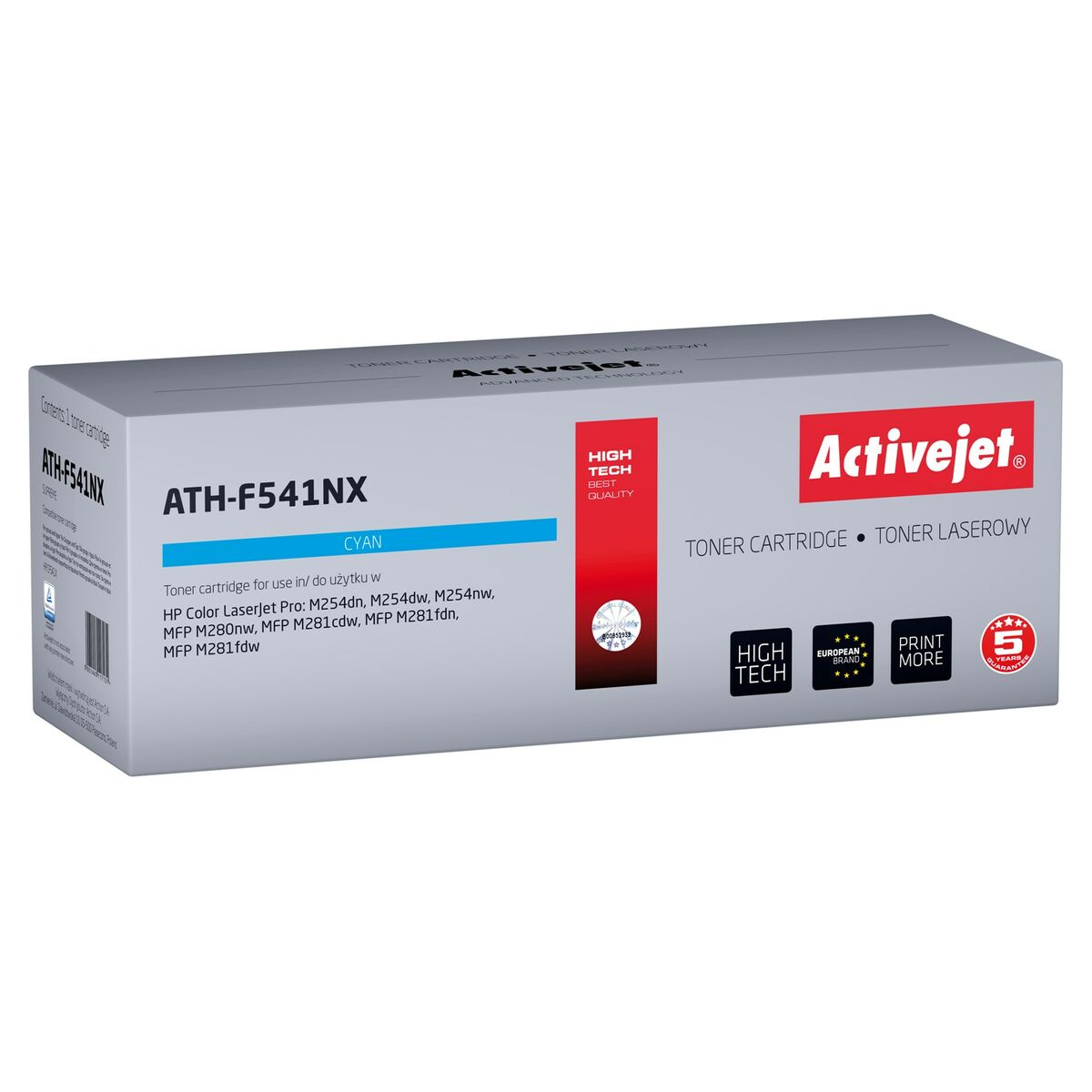 Scatola per cartuccia toner Activejet ATH-F541NX ciano con dettagli di garanzia.