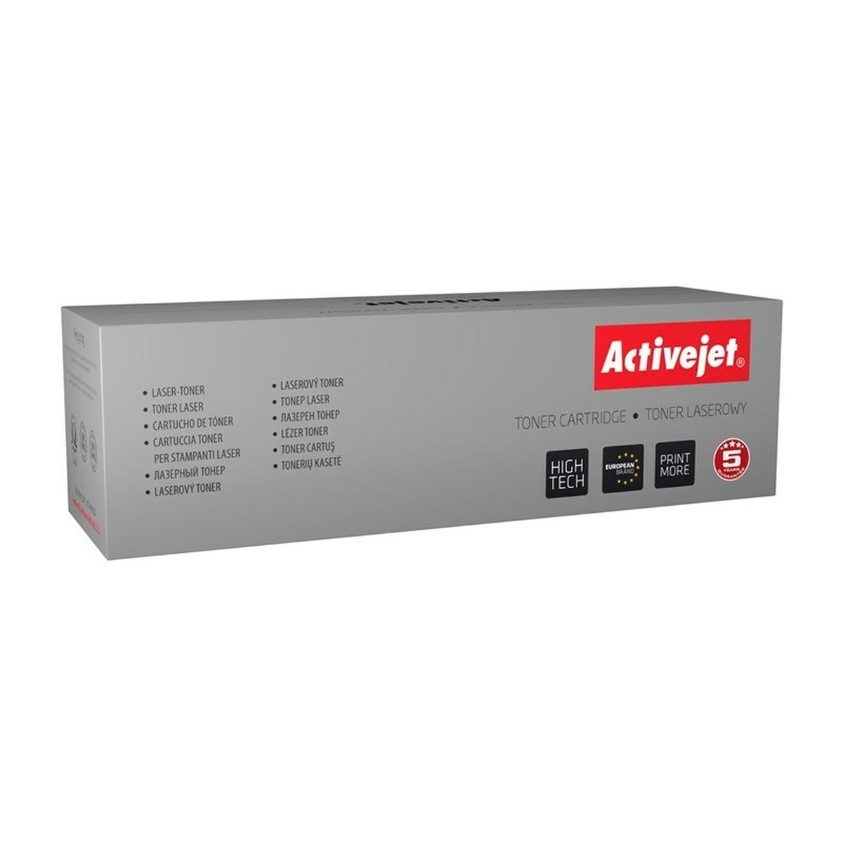 Scatola grigia di cartuccia toner laser Activejet con testo e loghi multilingue.