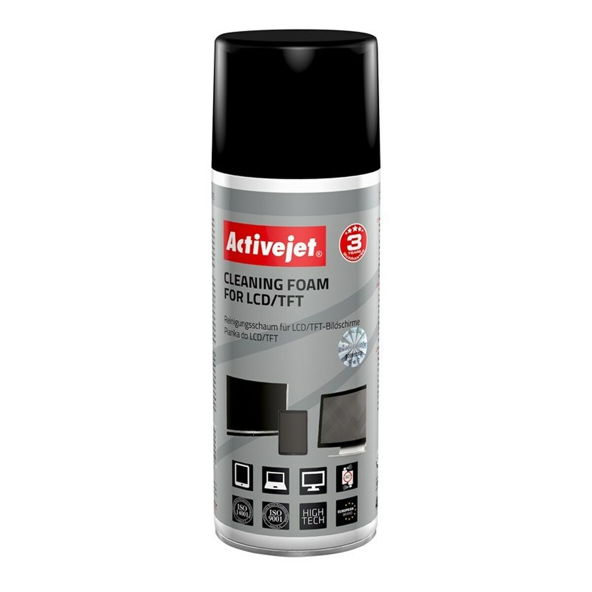 Lattina di schiuma detergente Activejet per schermi LCD/TFT con tappo nero.