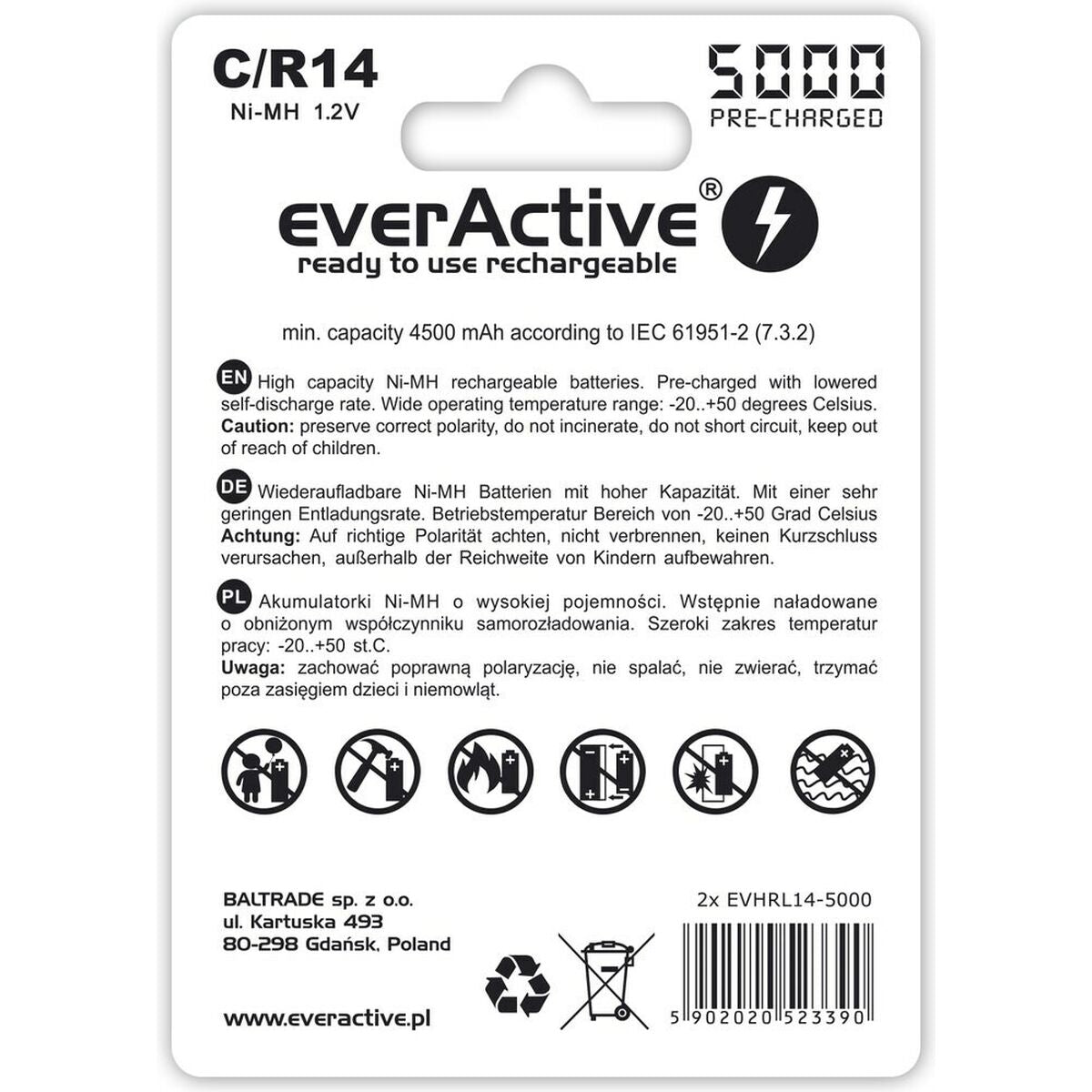 Emballage pour batteries rechargeables EverActive Ni-MH, C/R14, 5000 mAh.