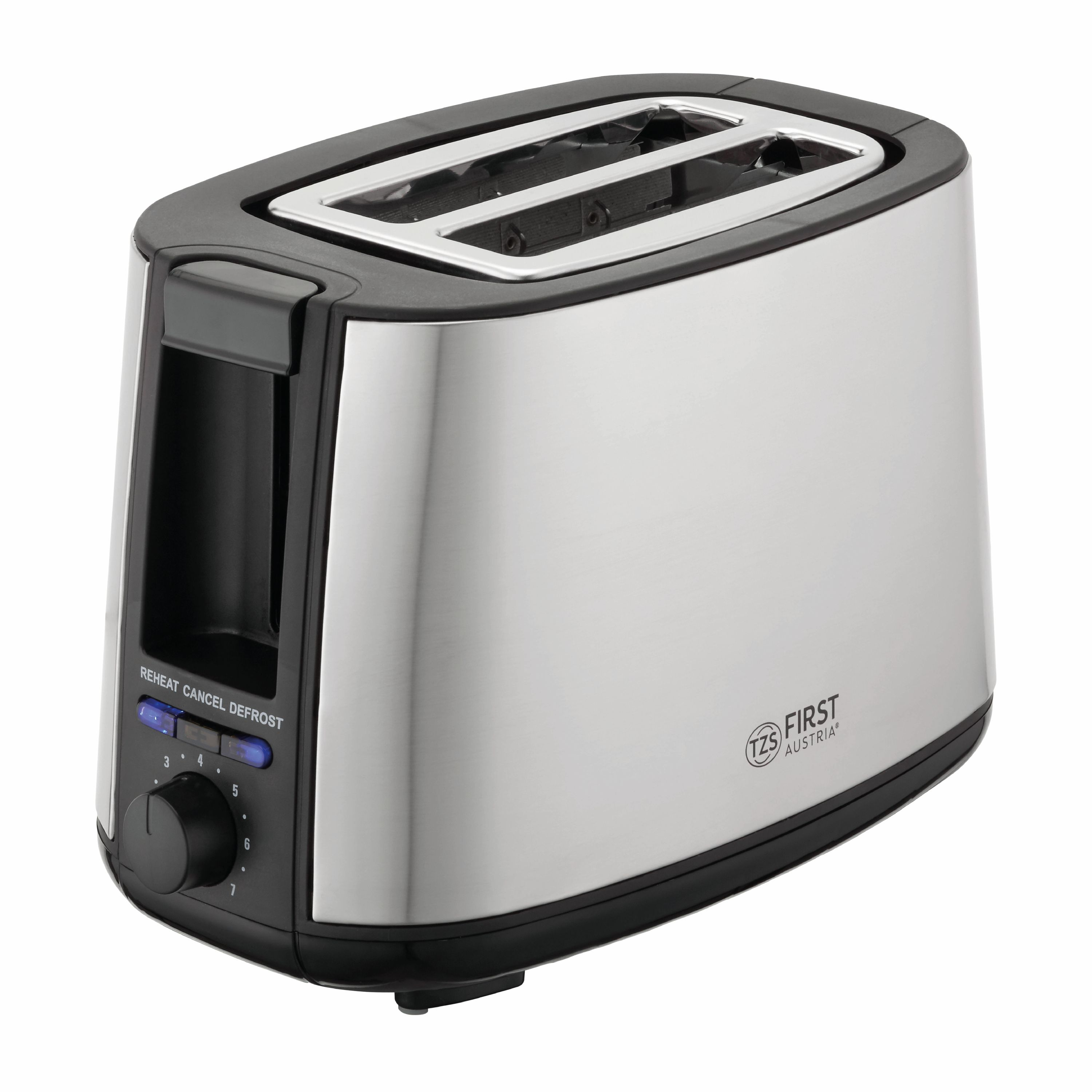 Ein silberner Toaster mit zwei Schlitzen und schwarzem Gehäuse.