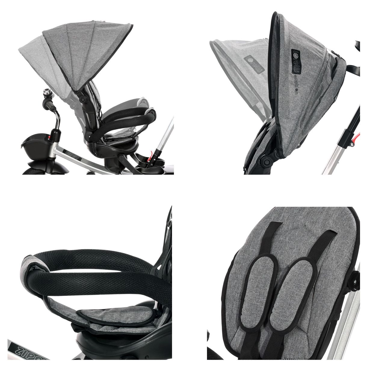 Asiento de cochecito gris con capota, correas y manillar.