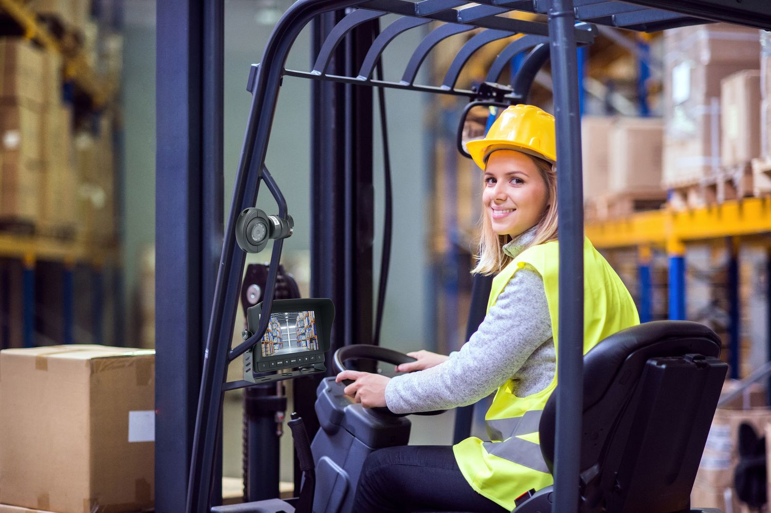 Frau in gelber Weste und Helm fährt Gabelstapler im Lager, Blick zur Kamera.