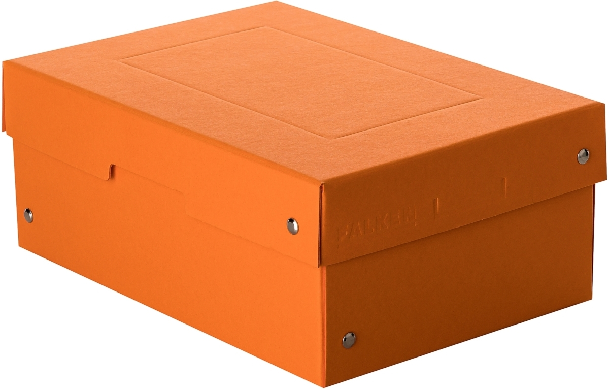 Caja de almacenamiento naranja con tapa, sobre fondo blanco.