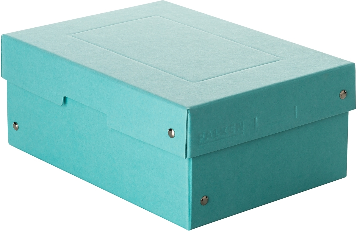 Una caja de almacenamiento turquesa con tapa se muestra sobre fondo blanco.