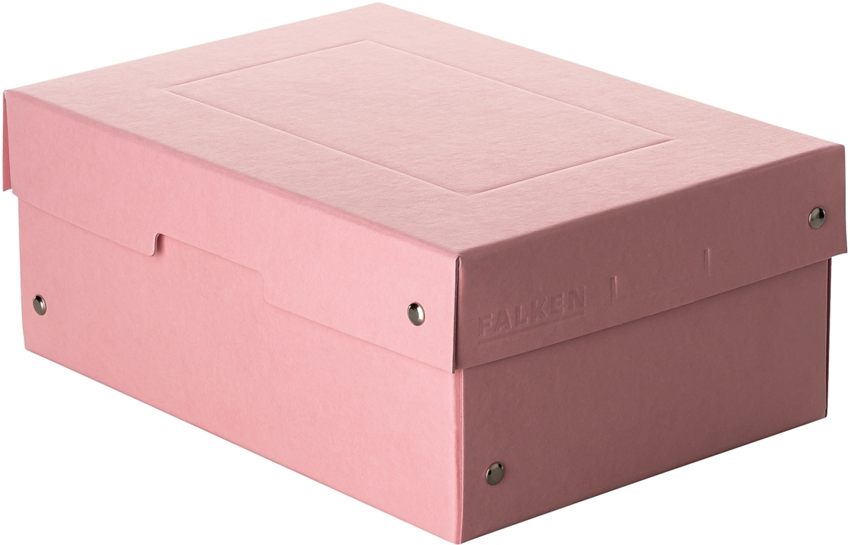 Una caja de cartón rosa con tapa, sujeta con remaches en la parte delantera.