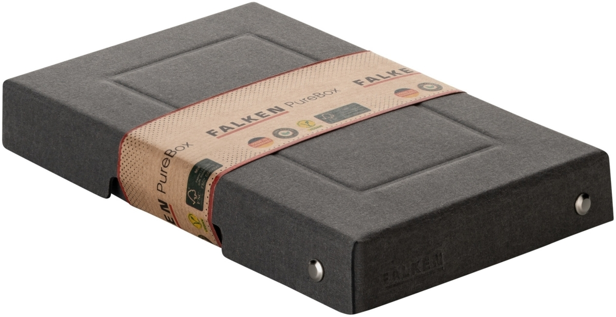 Caja gris oscuro con 'FALKEN PureBox' impreso en una banda.