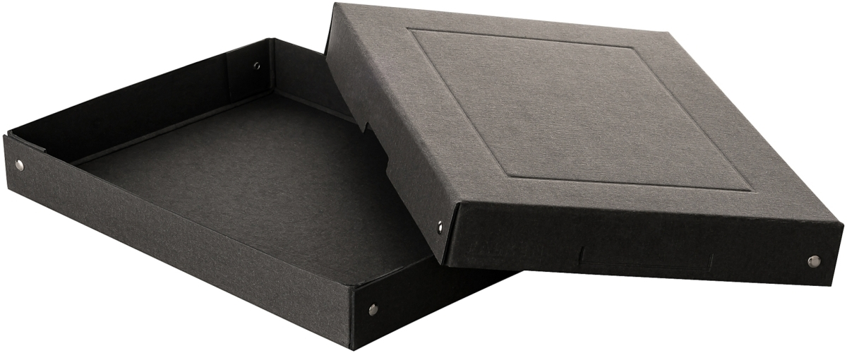 Una caja abierta de cartón negro con su tapa al lado.