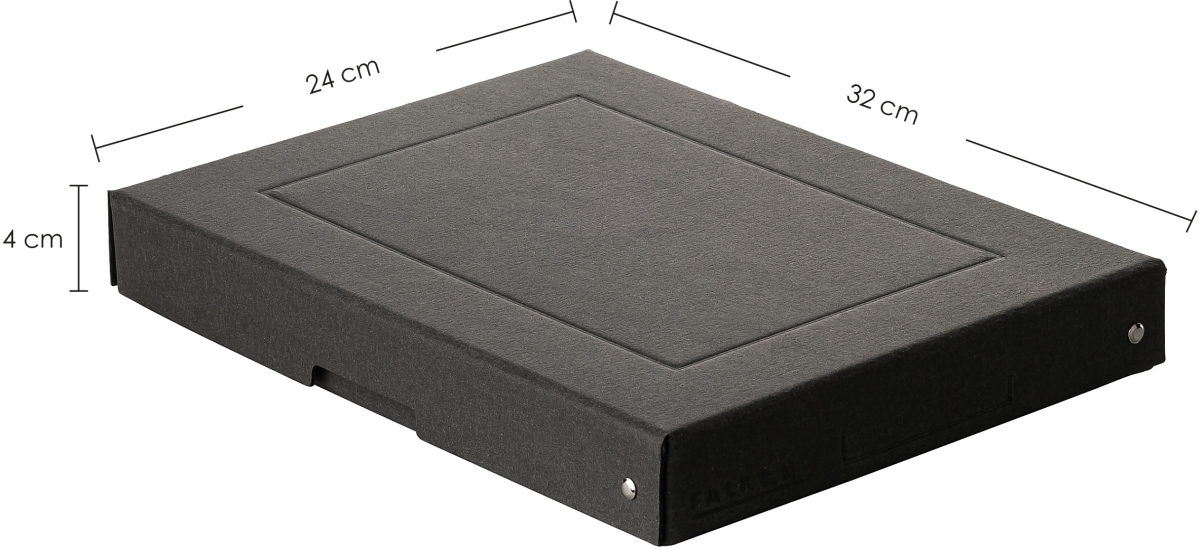 Caja de almacenamiento negra de 32x24x4 cm con detalle en relieve.