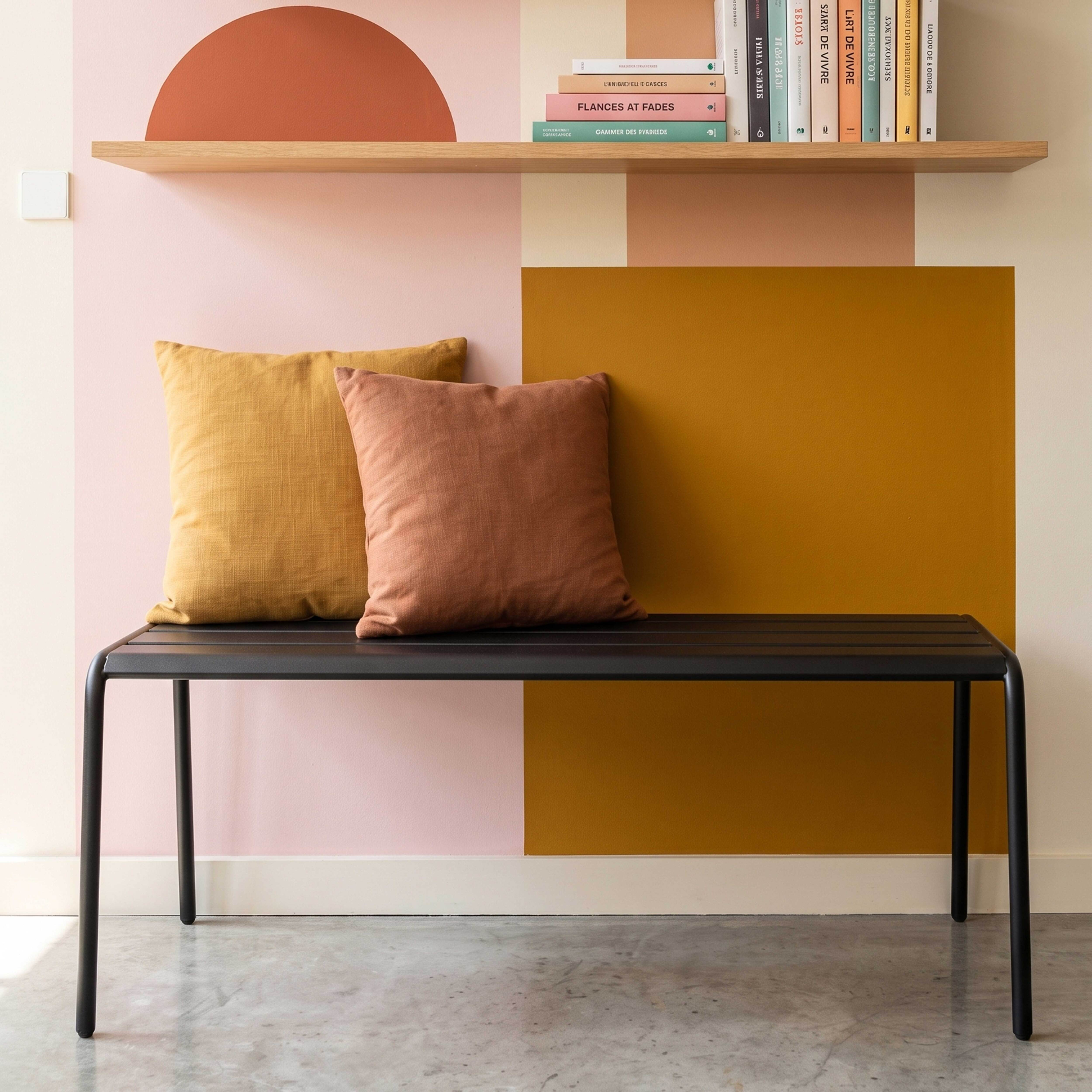 Ein schwarzes Metallregal mit zwei Kissen und Büchern auf einer Wand mit Farbblöcken.