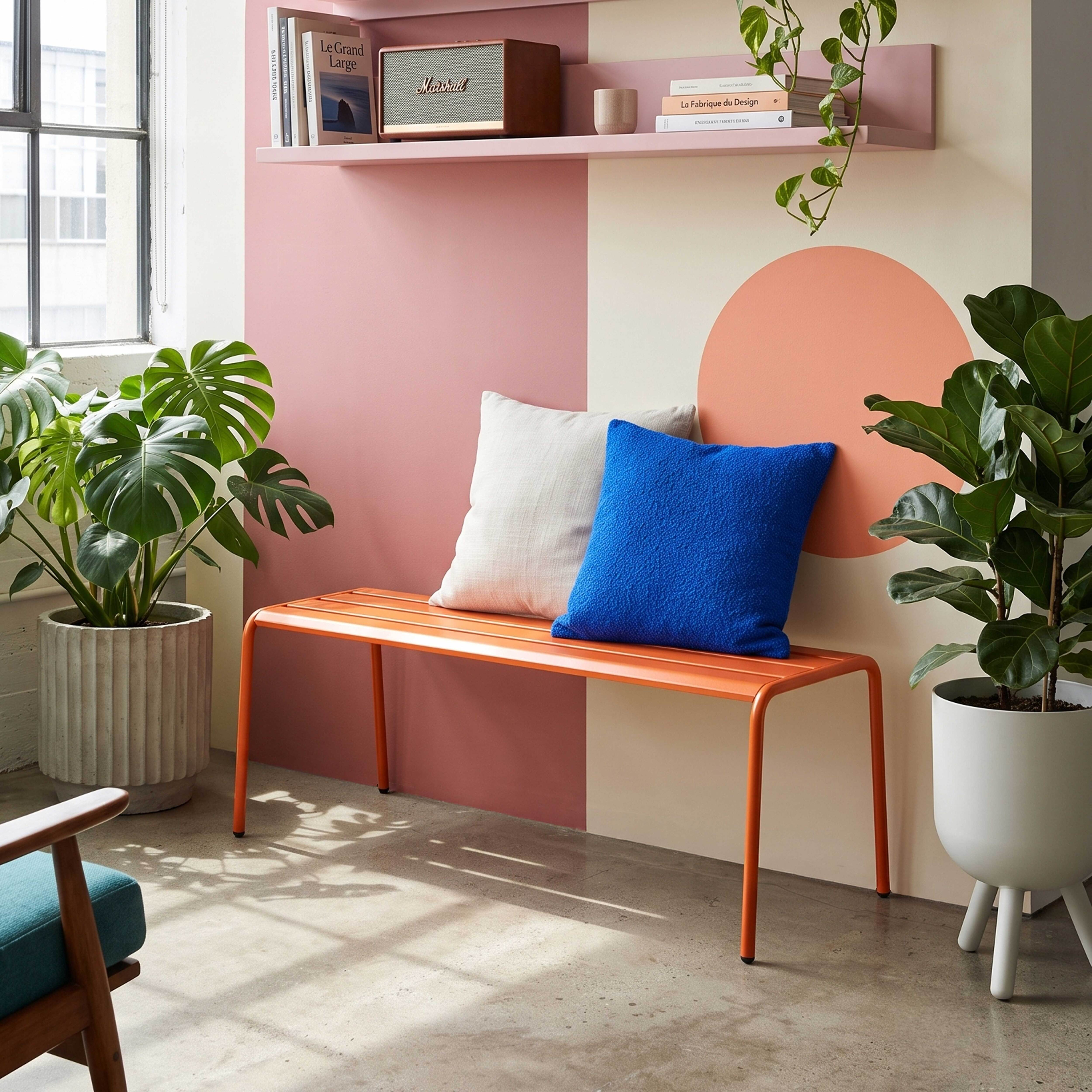 Ein orangefarbener Sitzbank mit zwei Kissen steht vor einer Wand mit rosa und cremefarbenen Blöcken.
