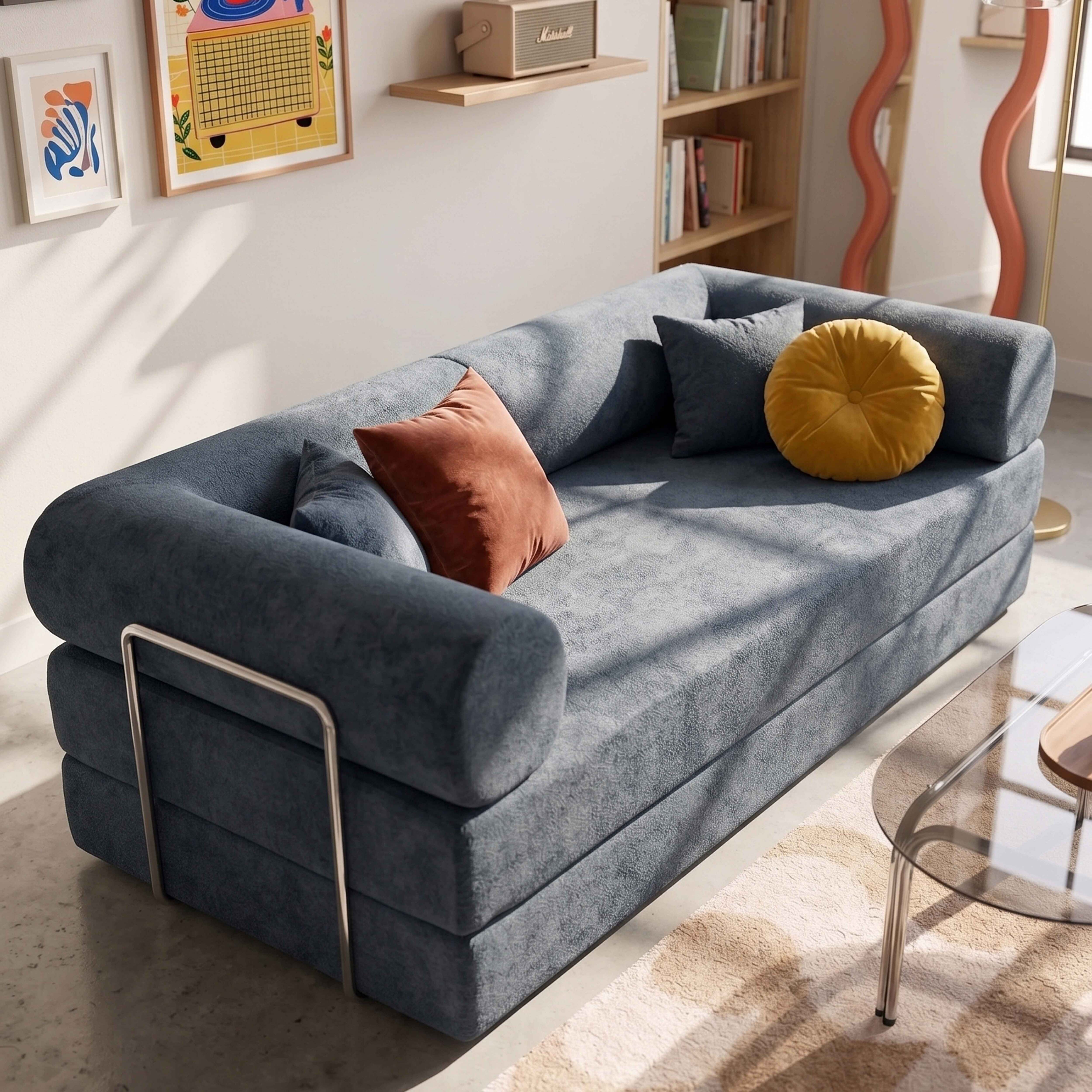 Ein blaues Sofa mit Kissen, einem Beistelltisch und Kunst an der Wand.