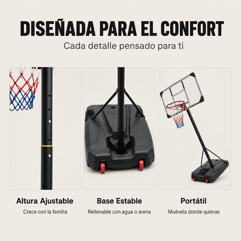 Un aro de baloncesto con altura ajustable, base estable y ruedas.
