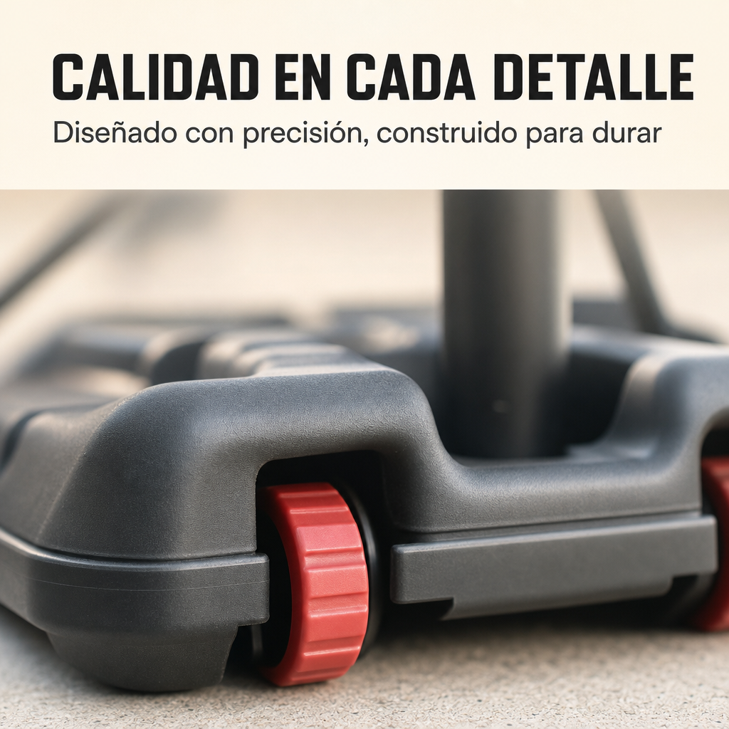 Primer plano de una base negra con ruedas rojas, texto arriba.