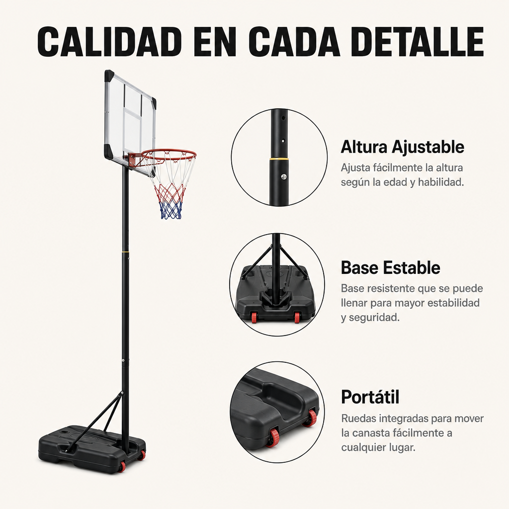 Un aro de baloncesto con altura ajustable, base estable y ruedas.