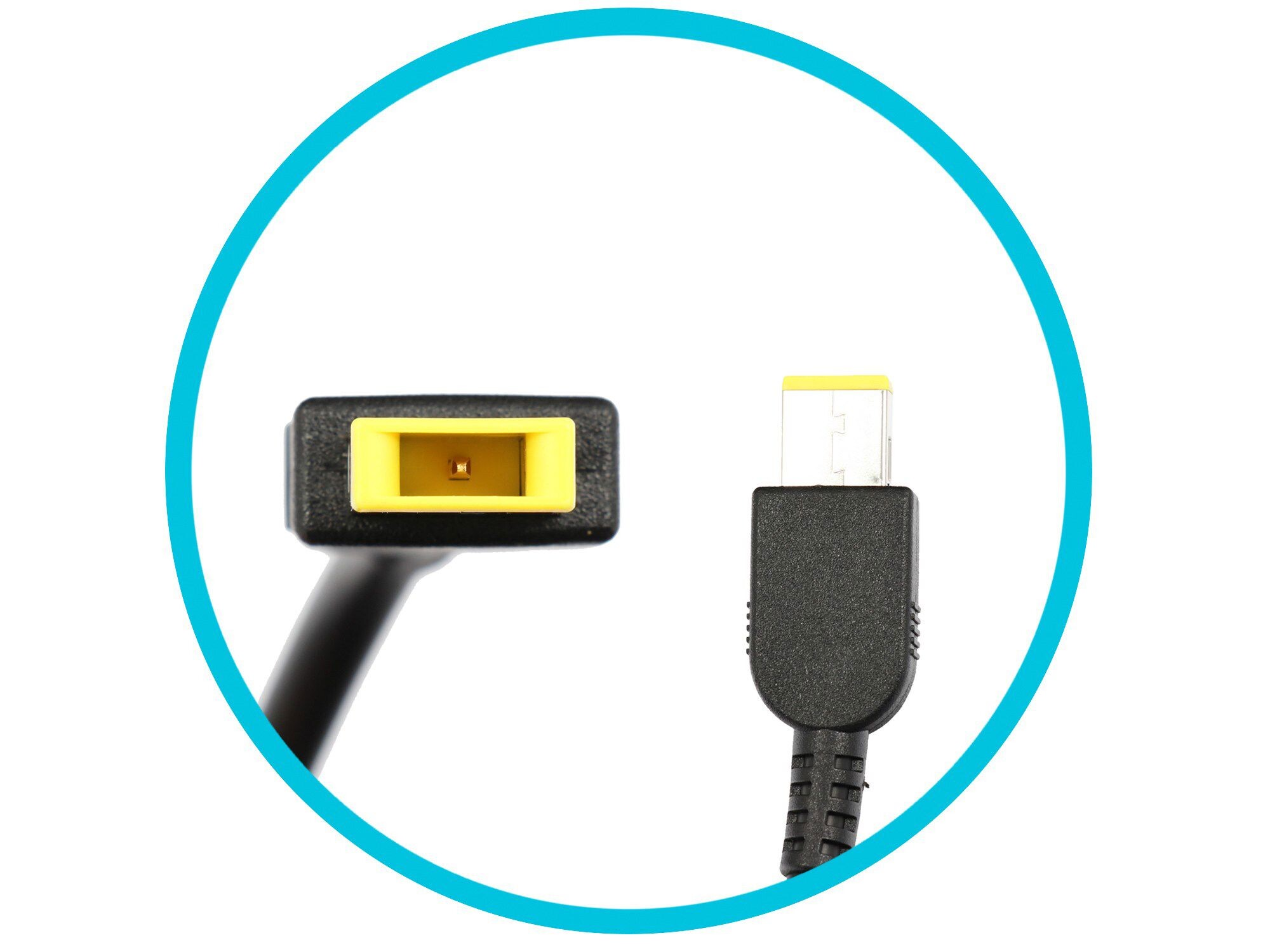 Ein schwarzer Laptop-Netzstecker mit gelben Akzenten, getrennt.