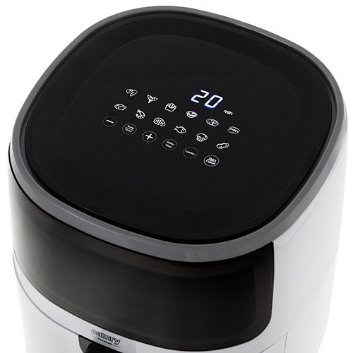 Ein moderner weißer Heißluftfritteuse mit schwarzem Touchscreen-Display, Zeit 20 Min.