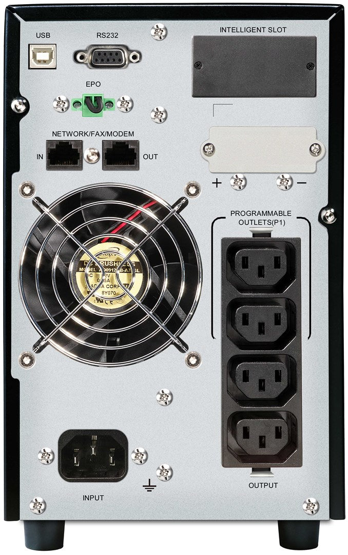 Rückseite eines Geräts mit Anschlüssen: USB, RS232, EPO, Netzwerk, 3 programmierbare Steckdosen, Eingang und Ausgang.