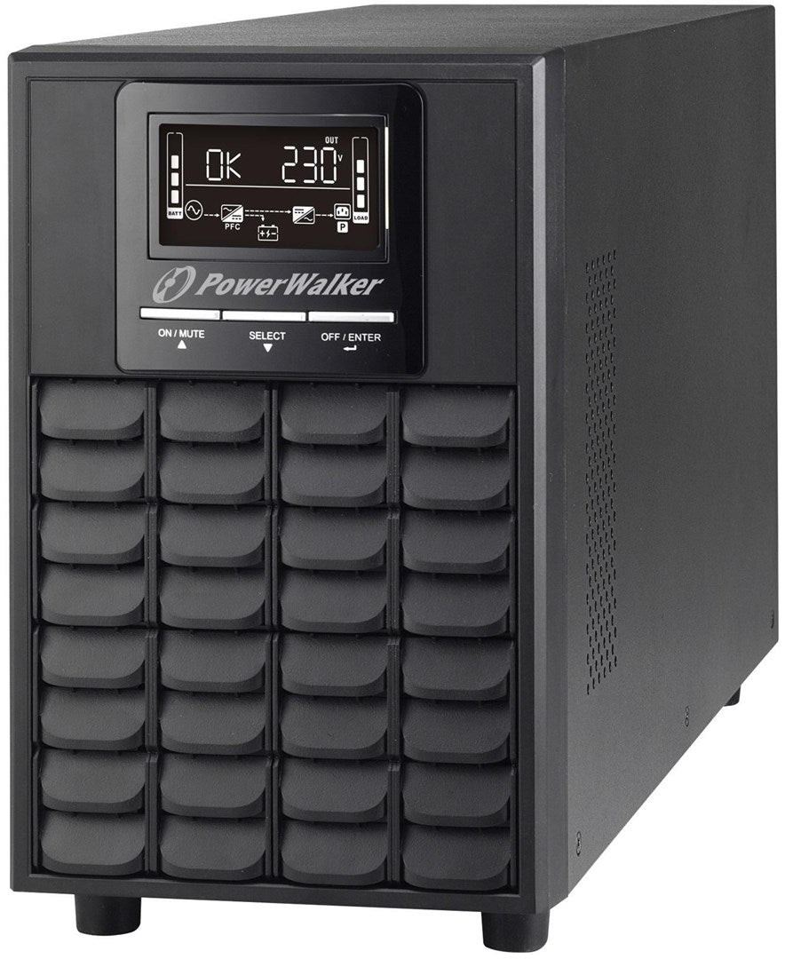 Schwarzes PowerWalker USV-Gerät mit LCD-Display, das OK und 230V anzeigt.