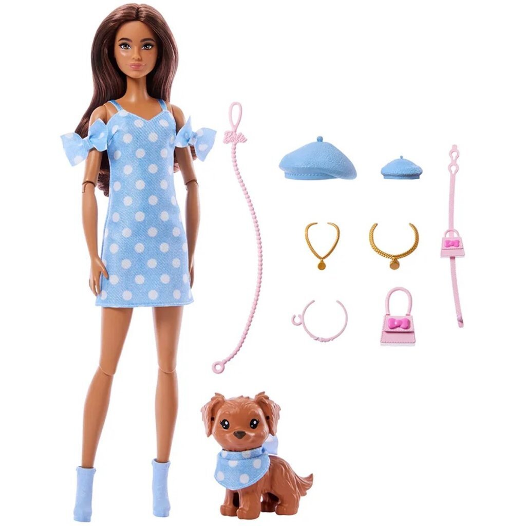 Muñeca Barbie con vestido azul de lunares, perro, dos boinas, dos collares y dos bolsos.