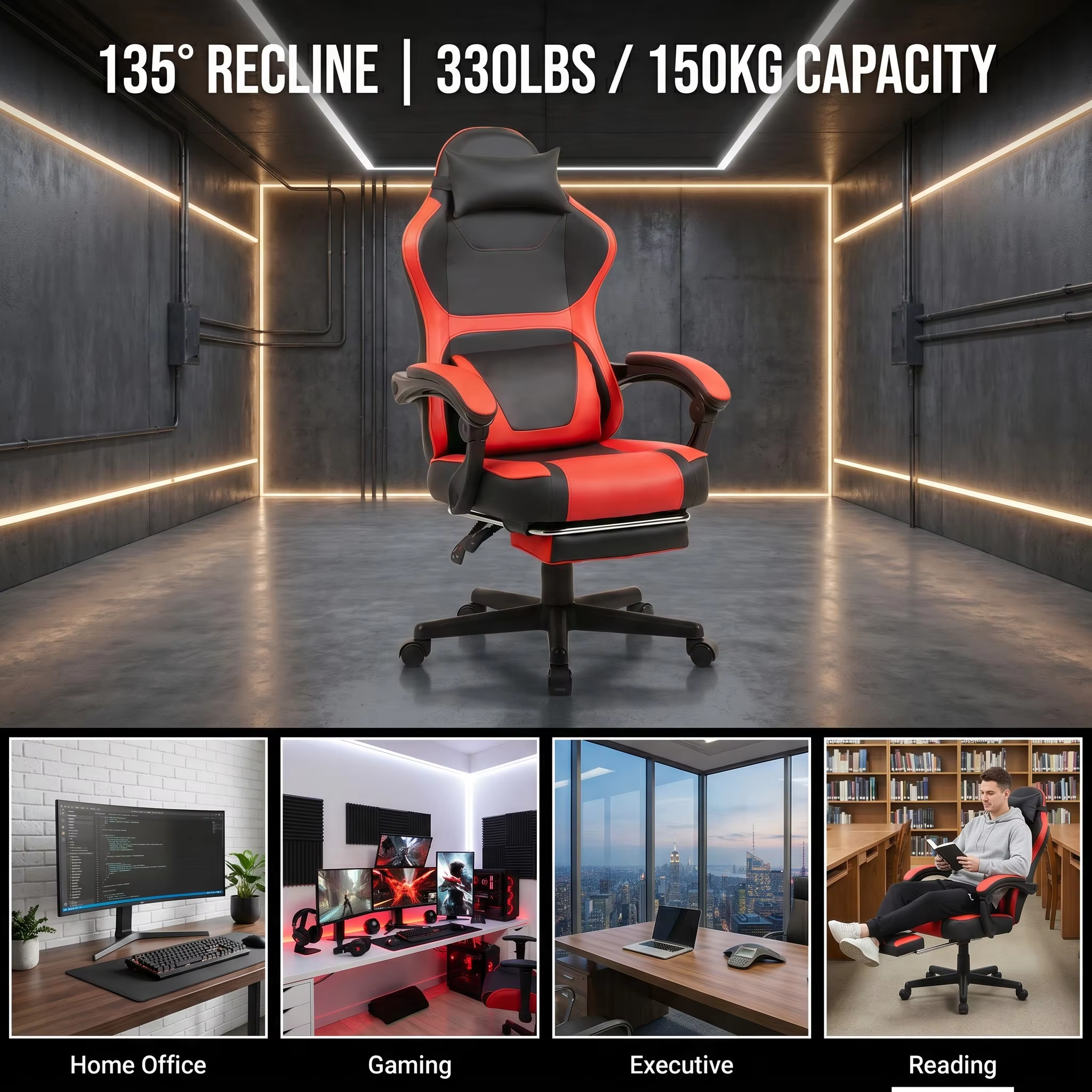 Ein roter und schwarzer Gaming-Stuhl in verschiedenen Szenarien: Homeoffice, Gaming-Setup, Büro, Lesen.