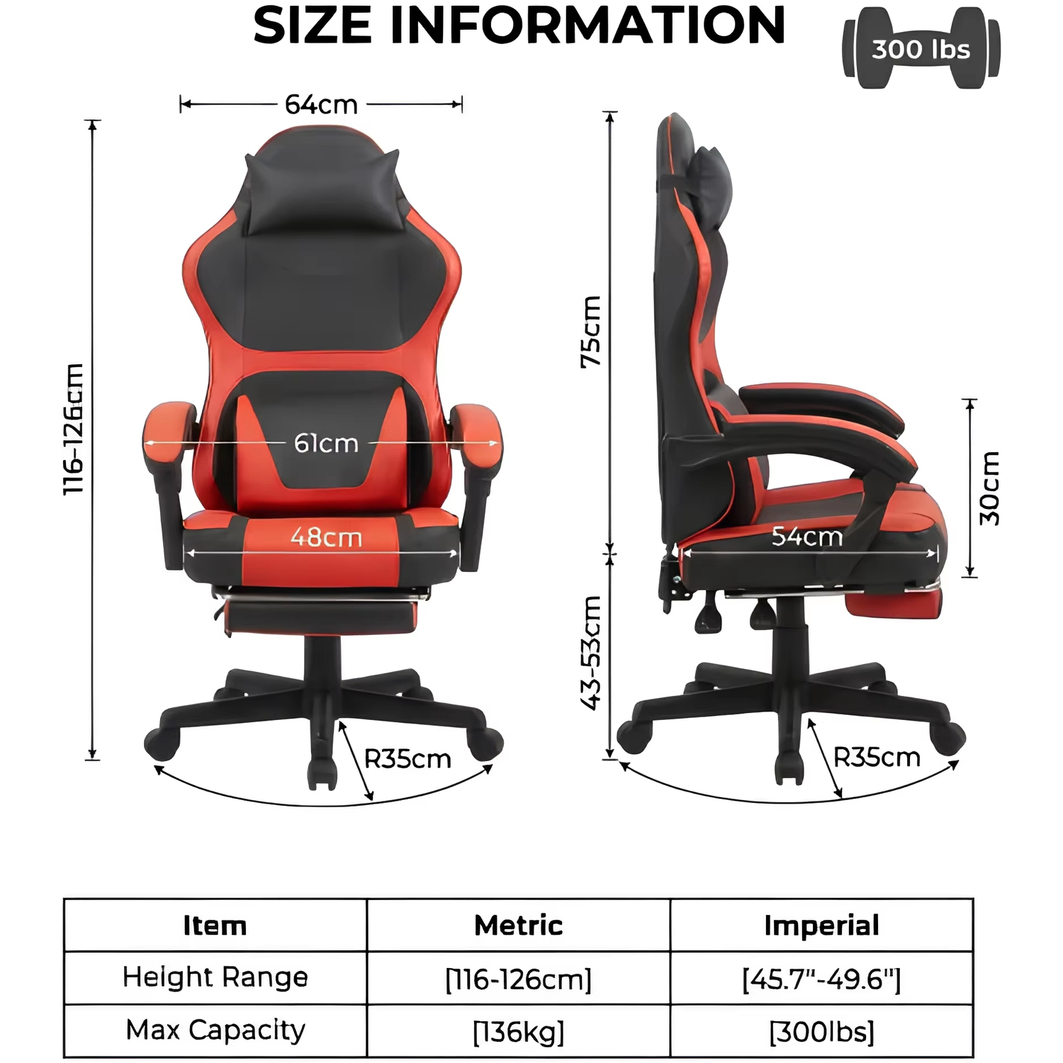 Gaming-Stuhl Maße: 64cm Breite, 116-126cm Höhe, 75cm Rückenlehne. Max. Kapazität 136kg.