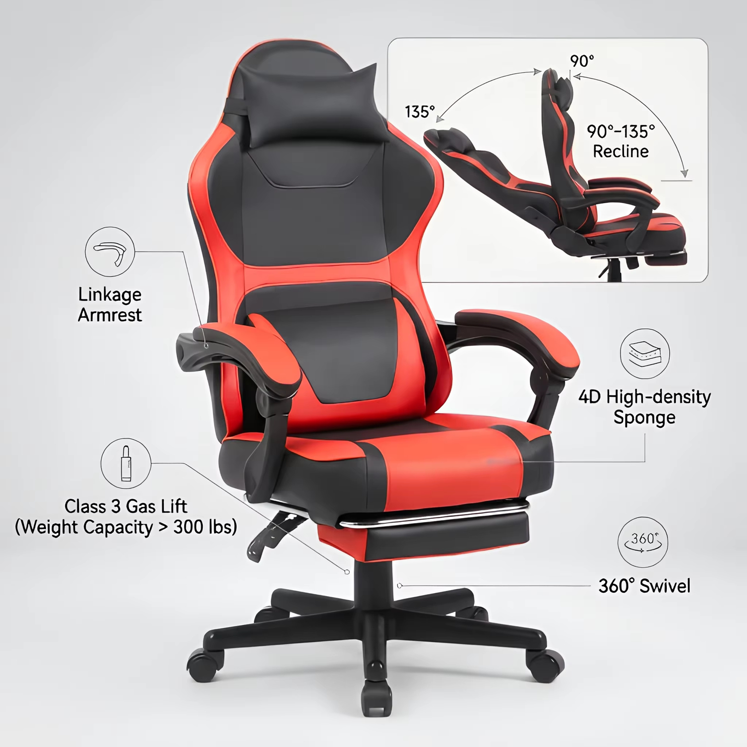 Roter und schwarzer Gaming-Stuhl mit Merkmalen wie Gelenkarmlehne, 90-135° neigbar, Gasdruckfeder und 360° Drehung.