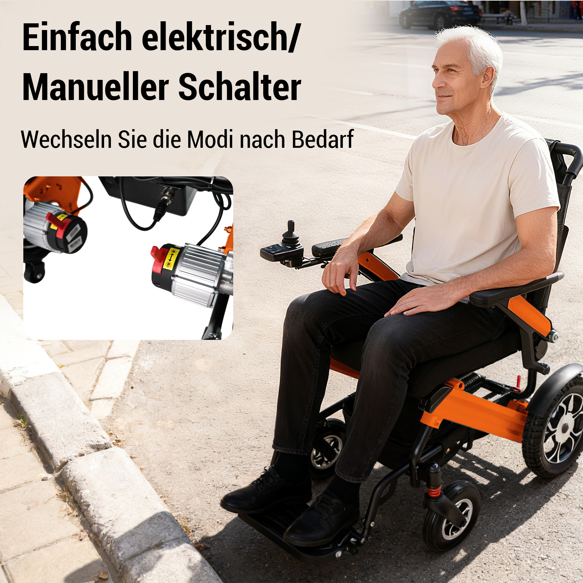 Älterer Mann sitzt in einem orangen Elektrorollstuhl, Nahaufnahme der Motoren und Steuerung.
