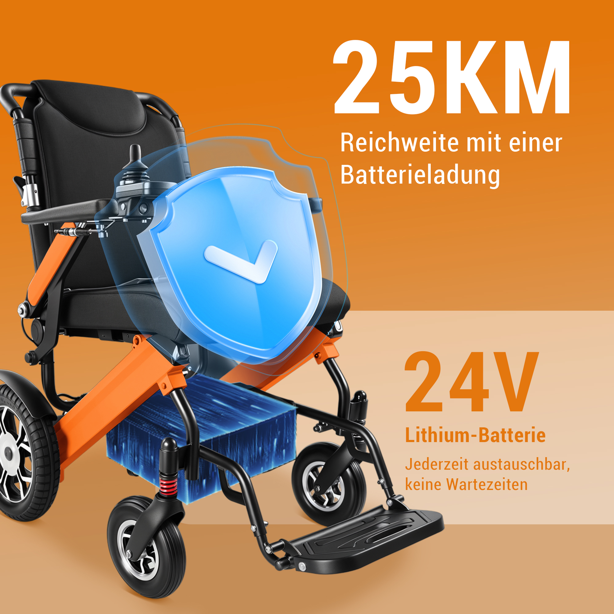 Elektrorollstuhl mit 25KM Reichweite, 24V Lithium-Batterie.