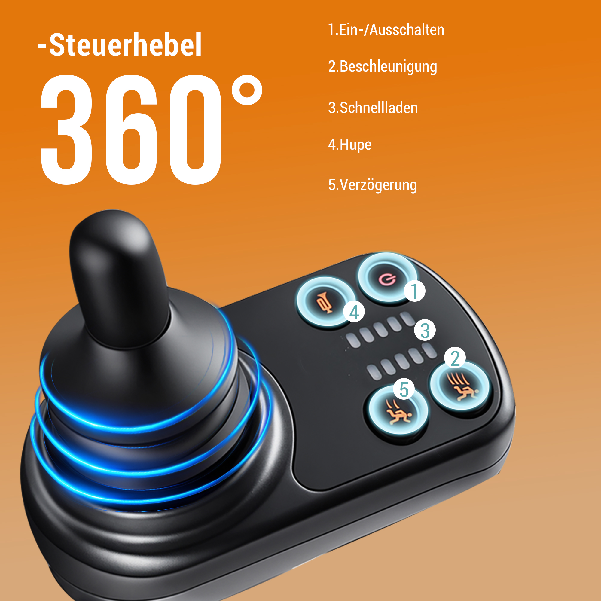 Ein schwarzer Joystick mit blauen Ringen und fünf beleuchteten Tasten.