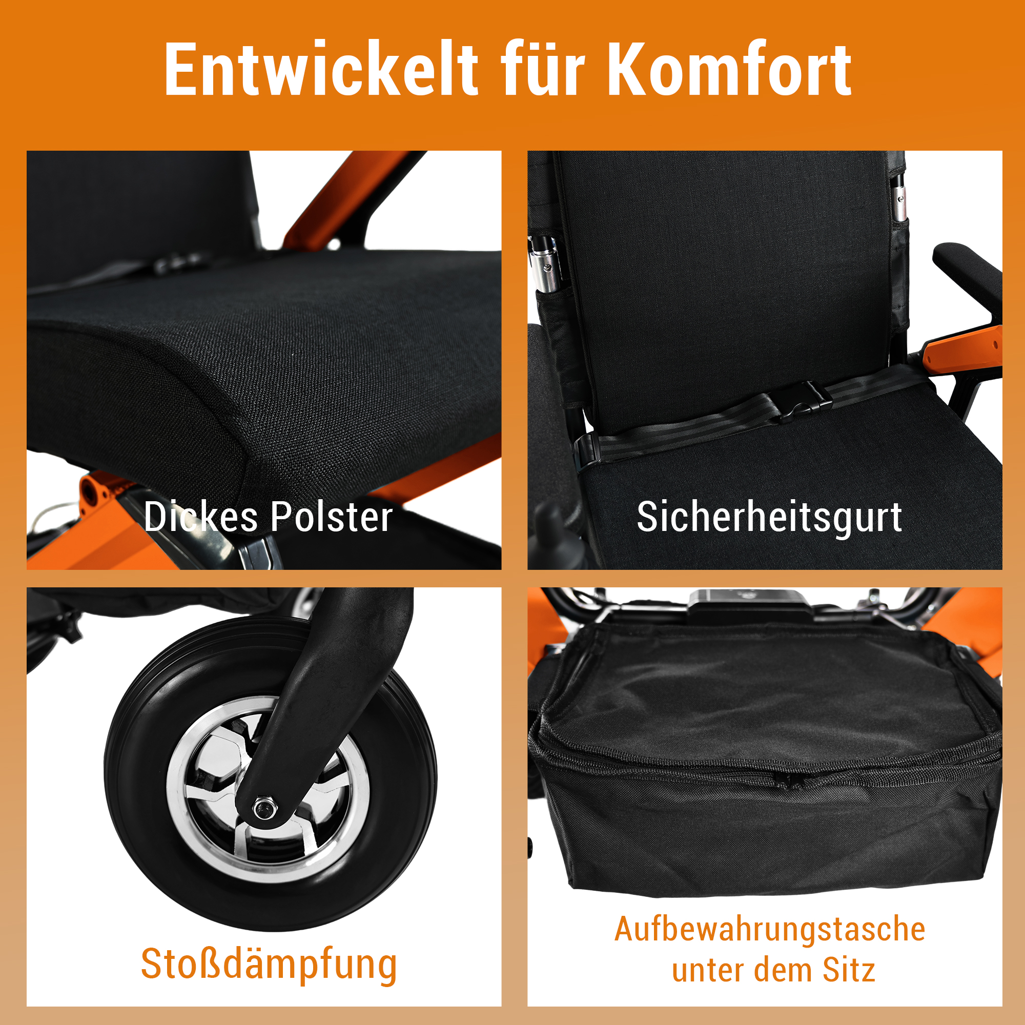 Collage von Rollstuhlmerkmalen: dicke Sitzpolsterung, Sicherheitsgurt, Stoßdämpfer, Aufbewahrungstasche.