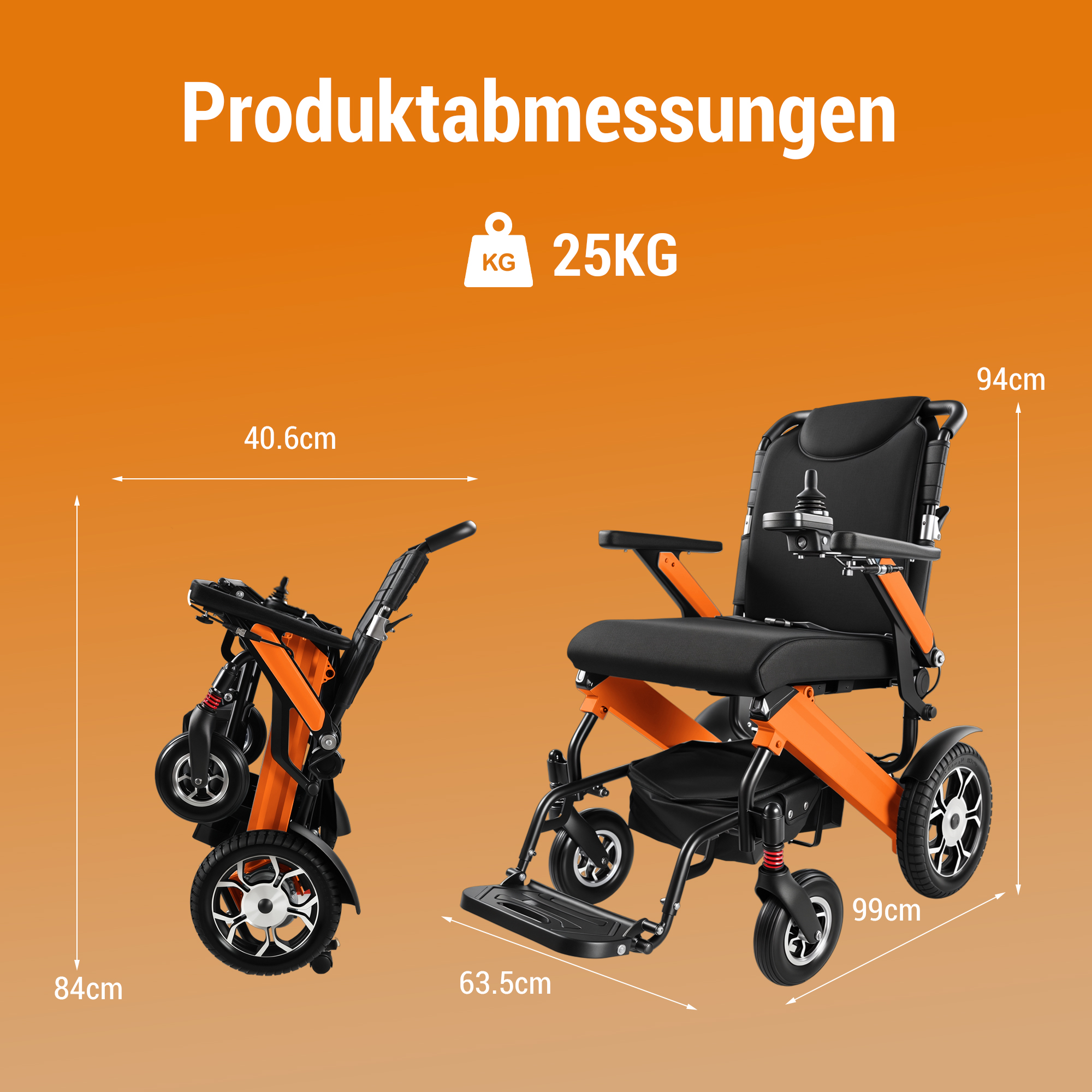Ein orangefarbener und schwarzer Elektrorollstuhl, aufgeklappt und zusammengeklappt, mit Maßen.
