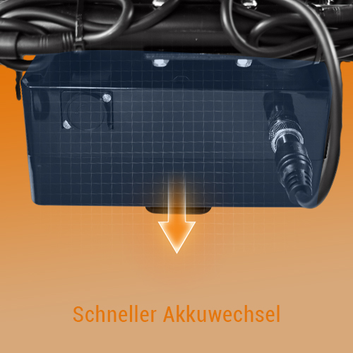 Ein schwarzer Kasten mit Kabeln und einem Pfeil, der nach unten zeigt.