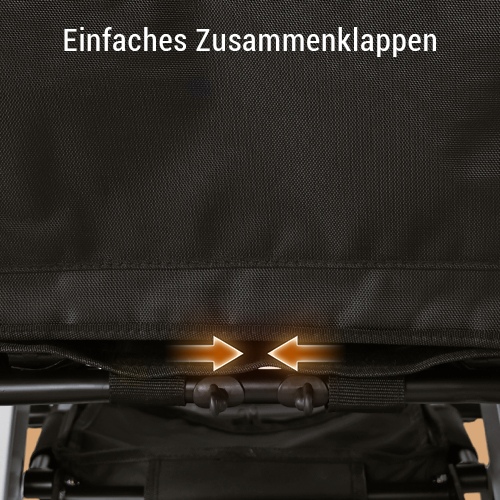 Schwarzes Gewebe mit Pfeilen, die auf einfaches Zusammenklappen hinweisen.