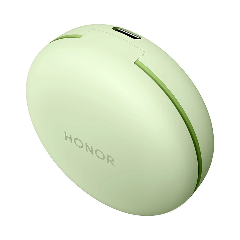 Eine hellgrüne HONOR-Kopfhörerhülle mit einem USB-C-Anschluss und einer Rille.