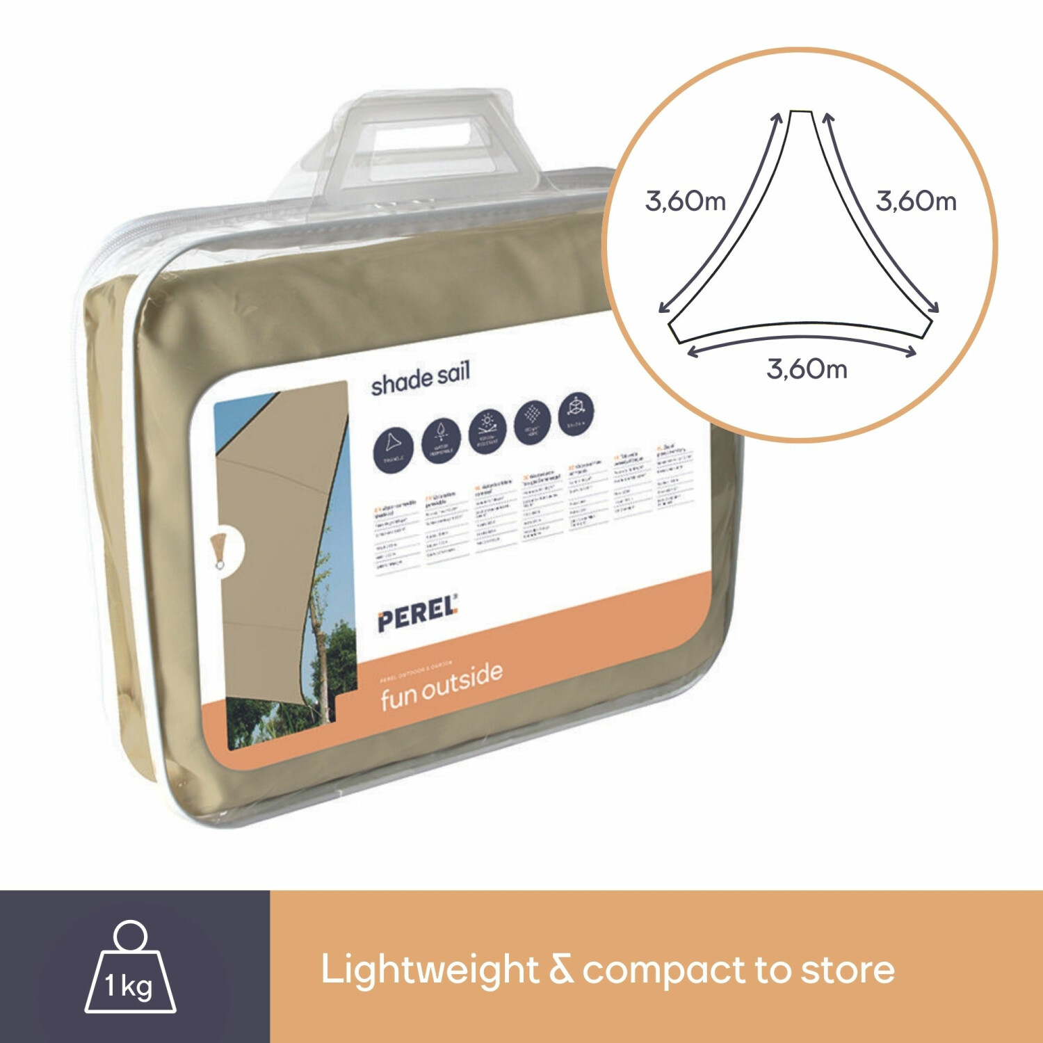 Beige Sonnensegel in Tasche mit Größenangabe (3,60m) und Gewicht (1kg).