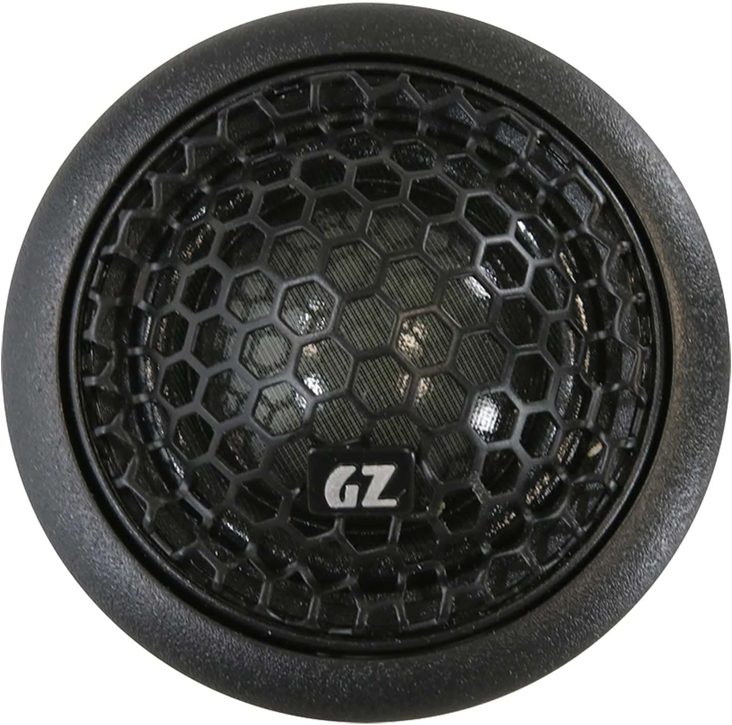 Schwarzer Lautsprecher mit sechseckigem Gitter und GZ-Logo.