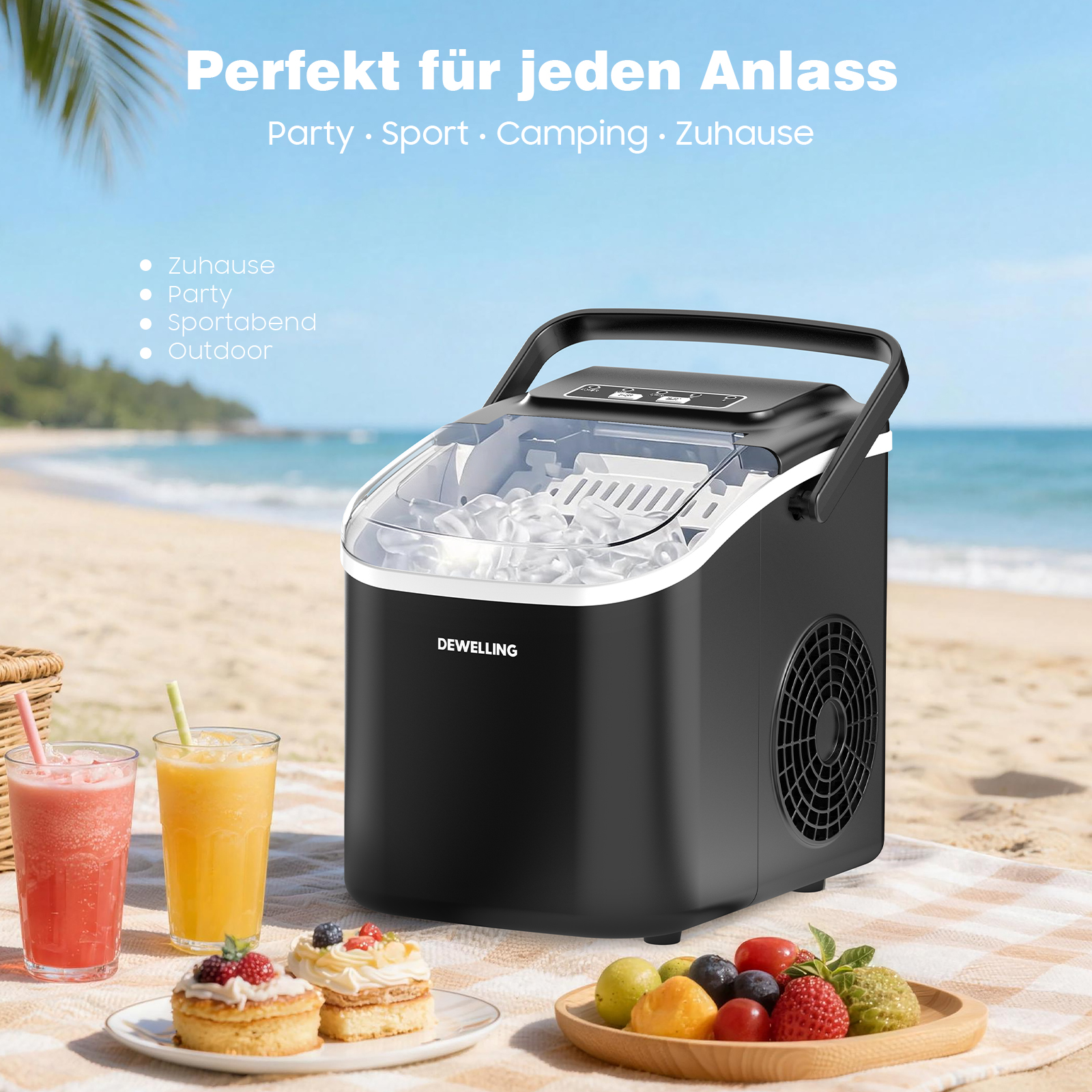 Ein tragbarer Eisbereiter steht am Strand neben Getränken und Kuchen.