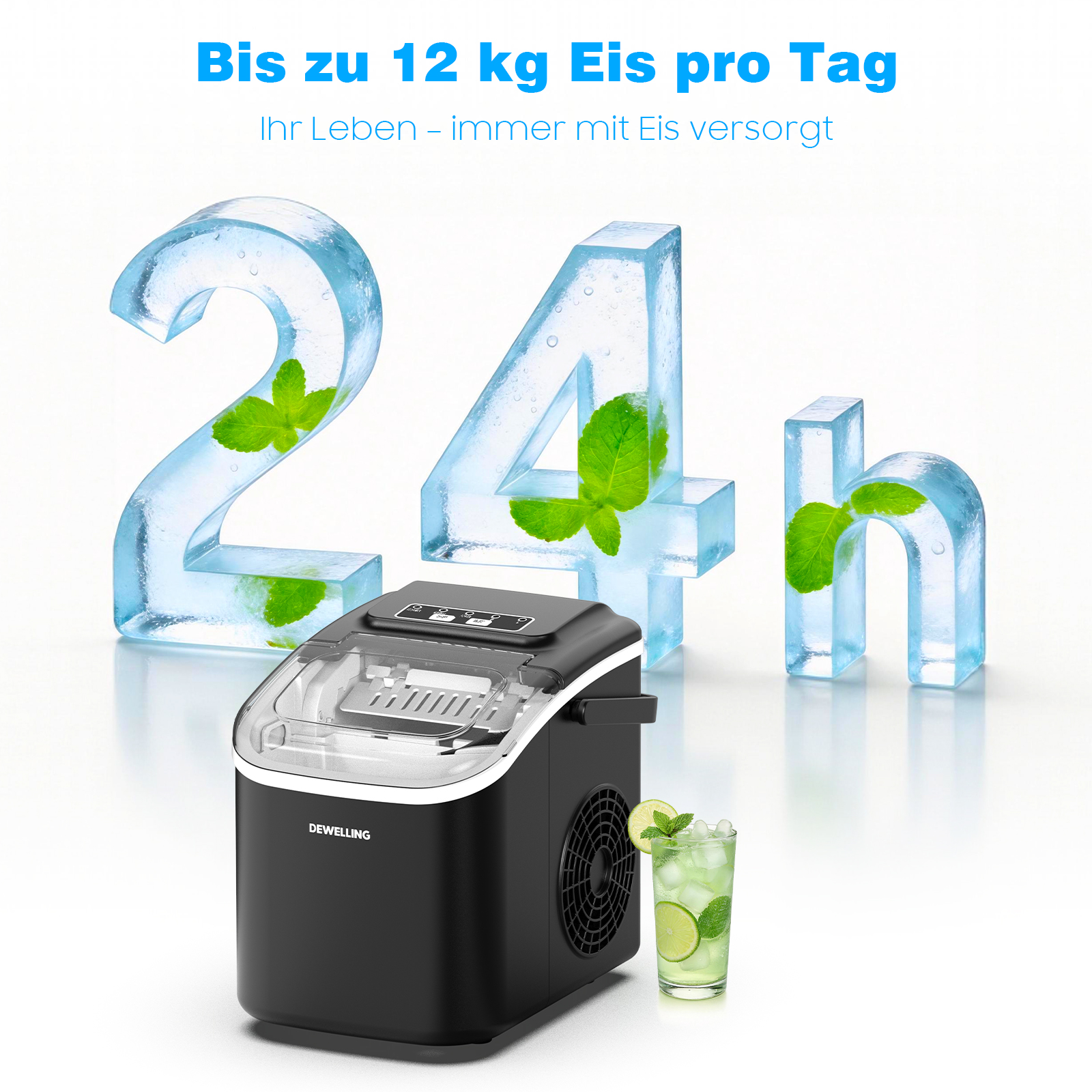 Eismaschine mit 24h-Symbol aus Eis und einem Drink. Bis zu 12kg Eis pro Tag.