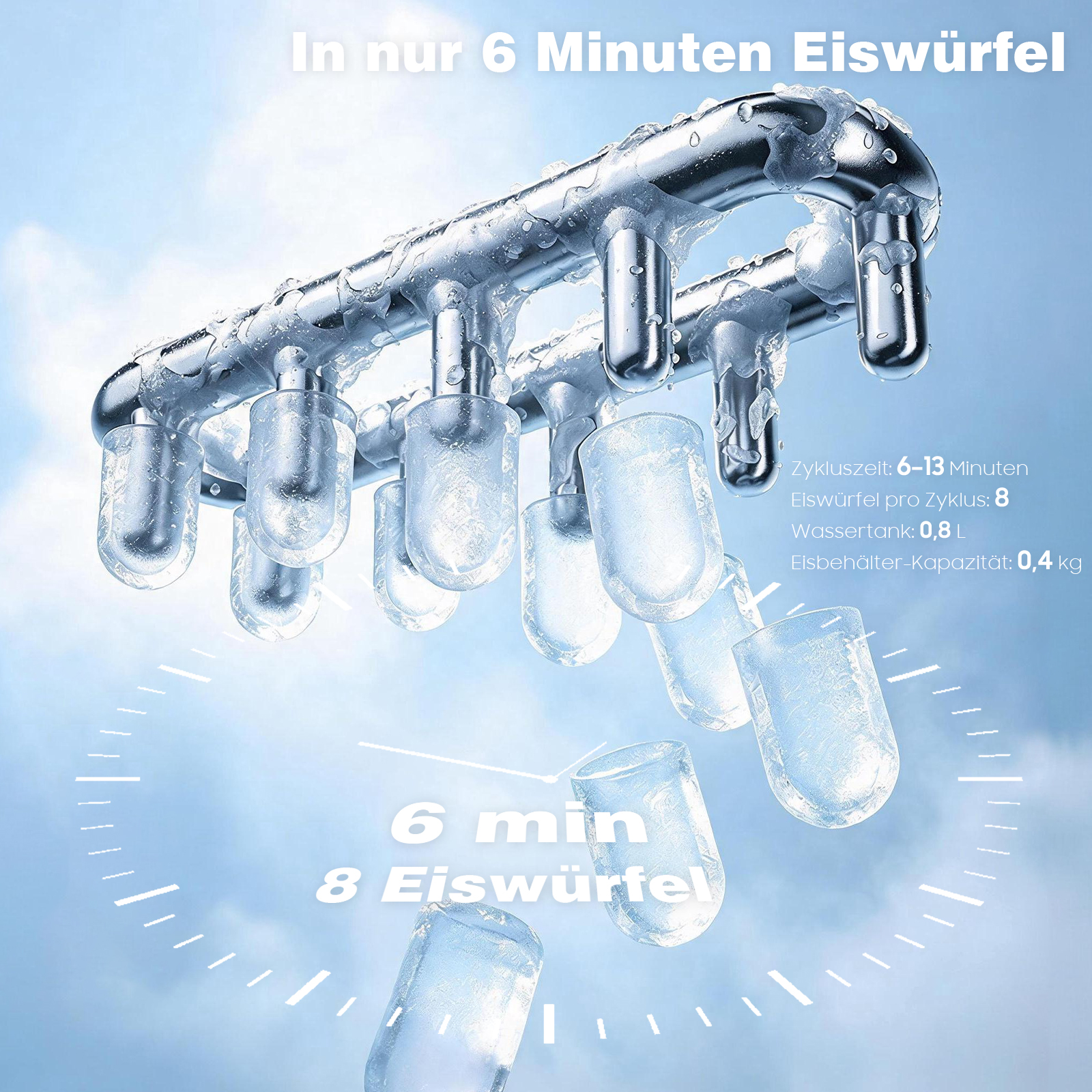 Eiswürfelmaschine mit gefrorenen Eiswürfeln, die an Metallstäben hängen.