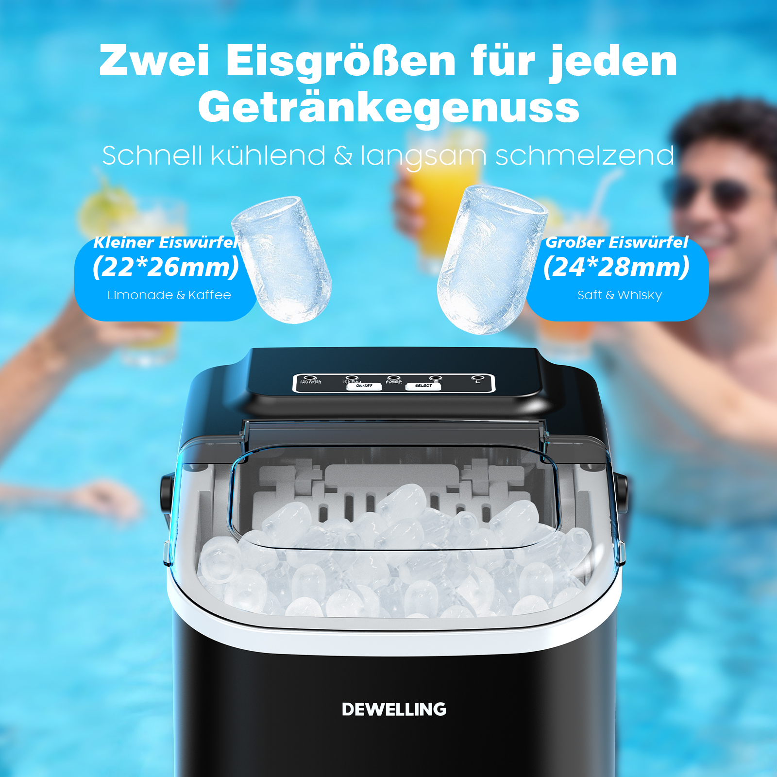 Eismaschine mit Eiswürfeln in zwei Größen für Getränke, im Pool-Setting.