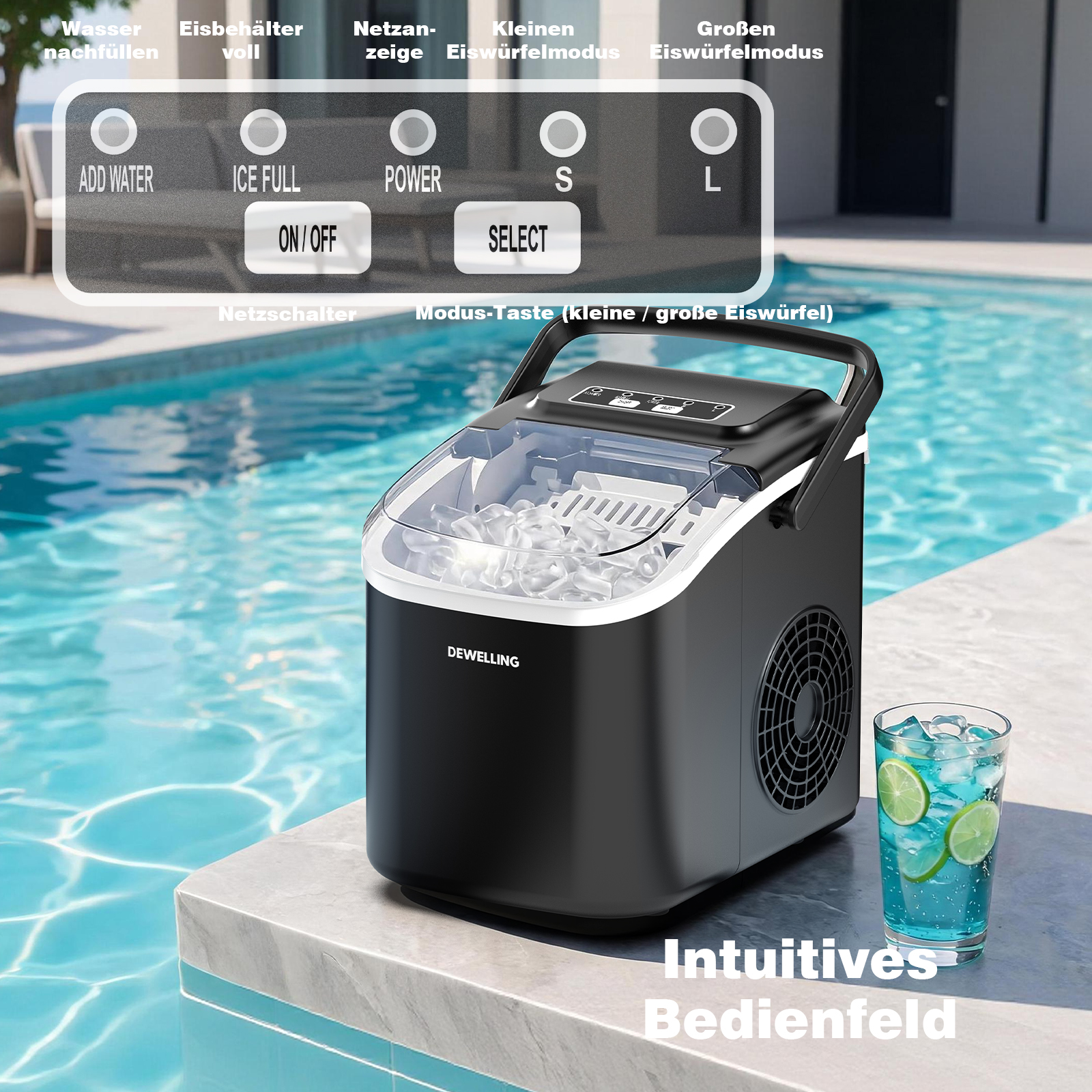 Schwarzer Eiswürfelbereiter neben einem Pool mit einem Glas blauer Limonade.