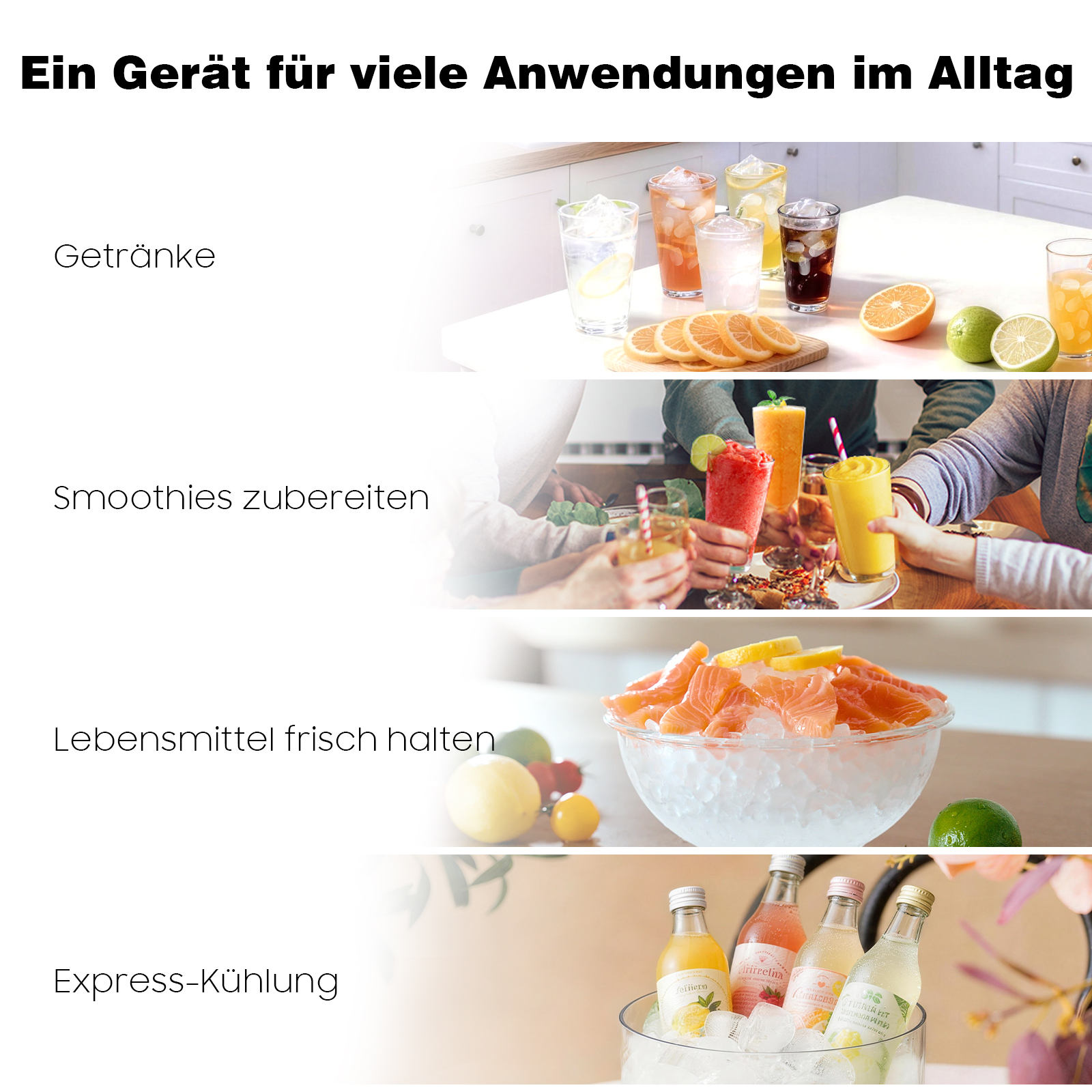 Collage zeigt Getränke, Smoothies, frische Lebensmittel und gekühlte Flaschen.
