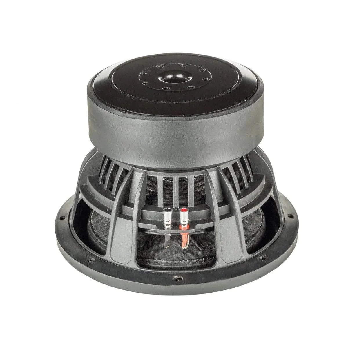 Ein grauer Subwoofer mit schwarzer Abdeckung und roten/schwarzen Anschlüssen.