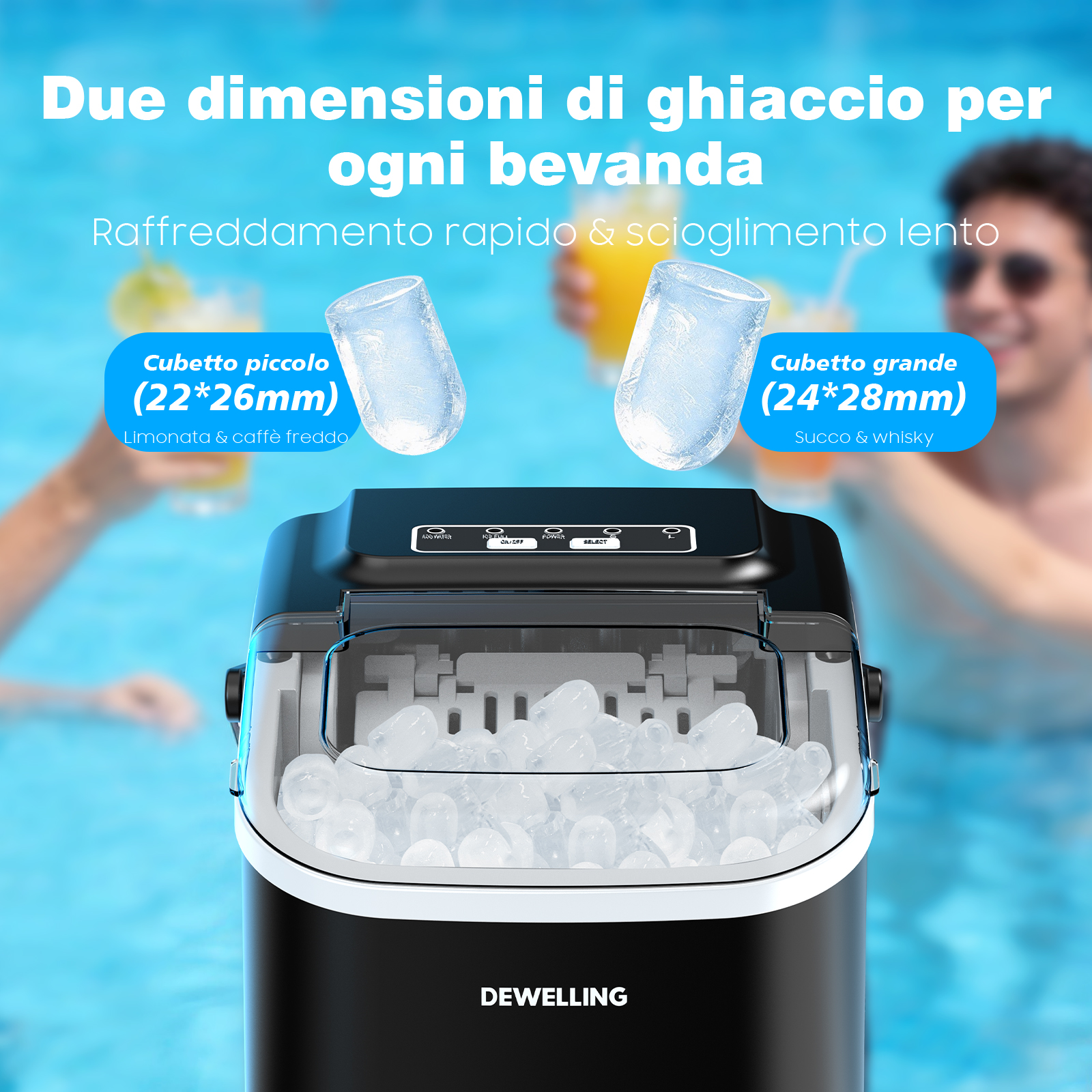 Macchina del ghiaccio con due dimensioni di cubetti davanti a una piscina.