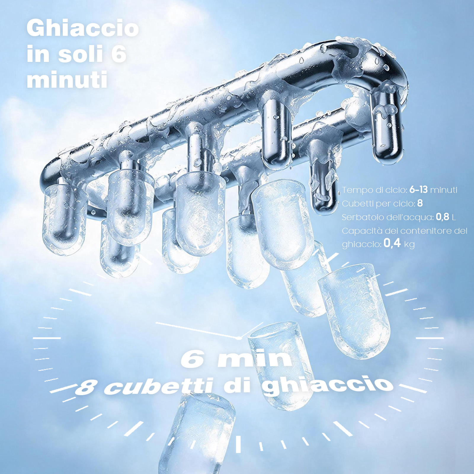 Macchina per il ghiaccio produce 8 cubetti in 6 minuti su una rastrelliera metallica.