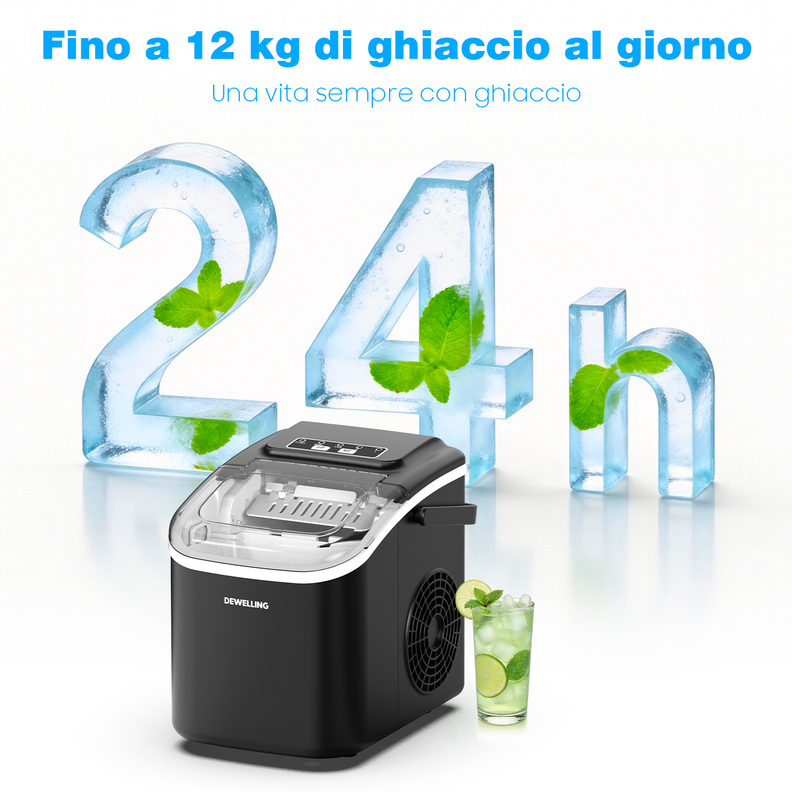 Macchina del ghiaccio nera con bicchiere e cubetti di ghiaccio, numeri 24h di ghiaccio.